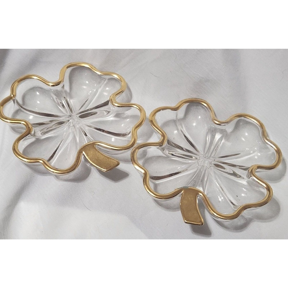 SET OF 2 Clear Glass Gold Leaf Trim Four Leaf Clover‎ Candy Nut Dish Trinket